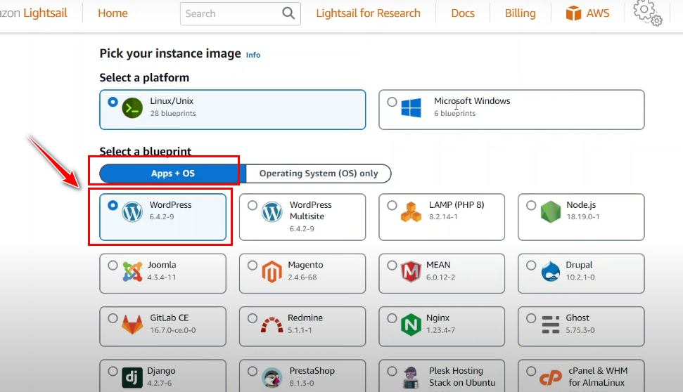 pilih wordpress aws
